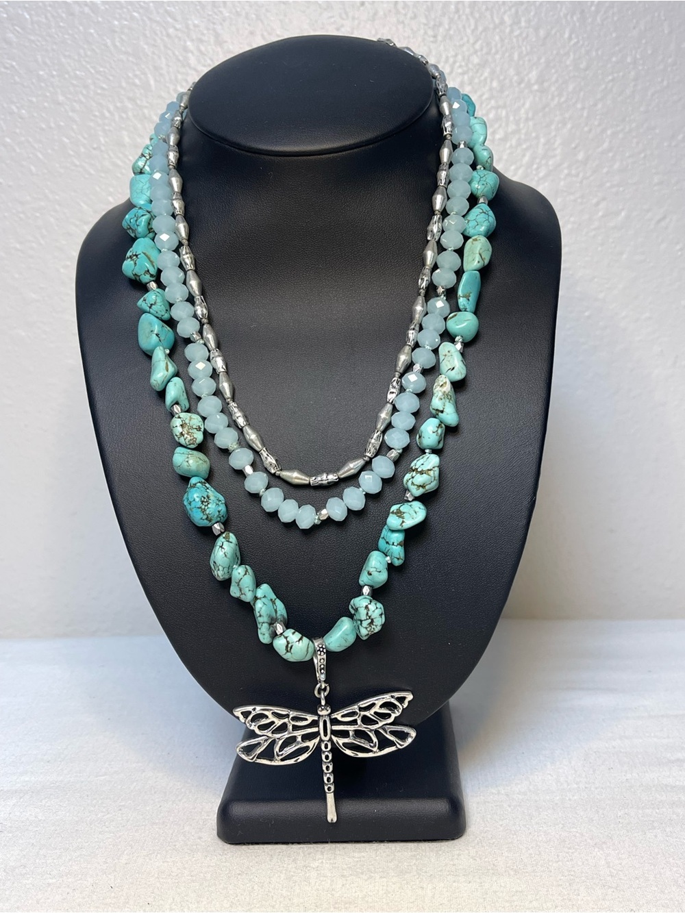 Lucky Brand Turquoise Bead Layered Necklace with Silver Dragonfly Pendant - Picture 1 of 8